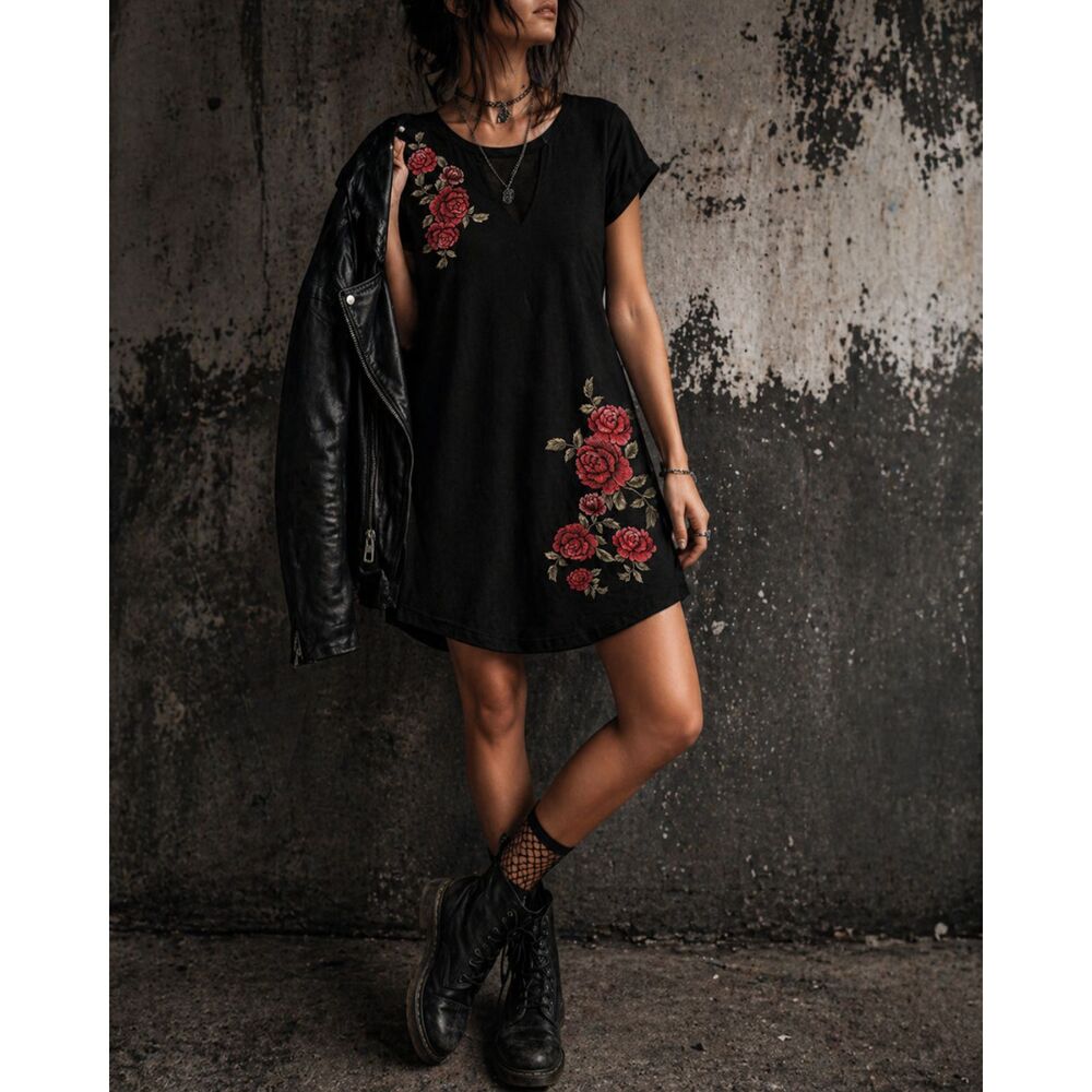 Black Rose Embroidered Mini Dress Grunge Floral Tunic Edgy Boho